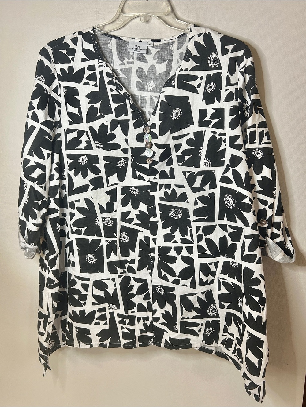 Vintage Hot Cotton Linen Geo Floral Tunic Lagenlook Art Wear USA Black White 1X - Picture 11 of 16